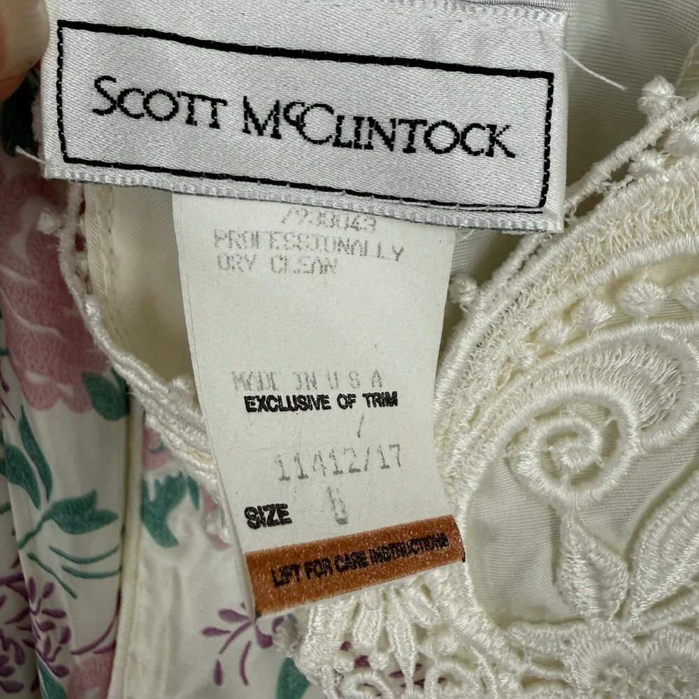 Vtg Scott McClintock Floral Dress Sz 6 Puff Sleeve Lace Cottage Coquette Basque - Picture 14 of 15
